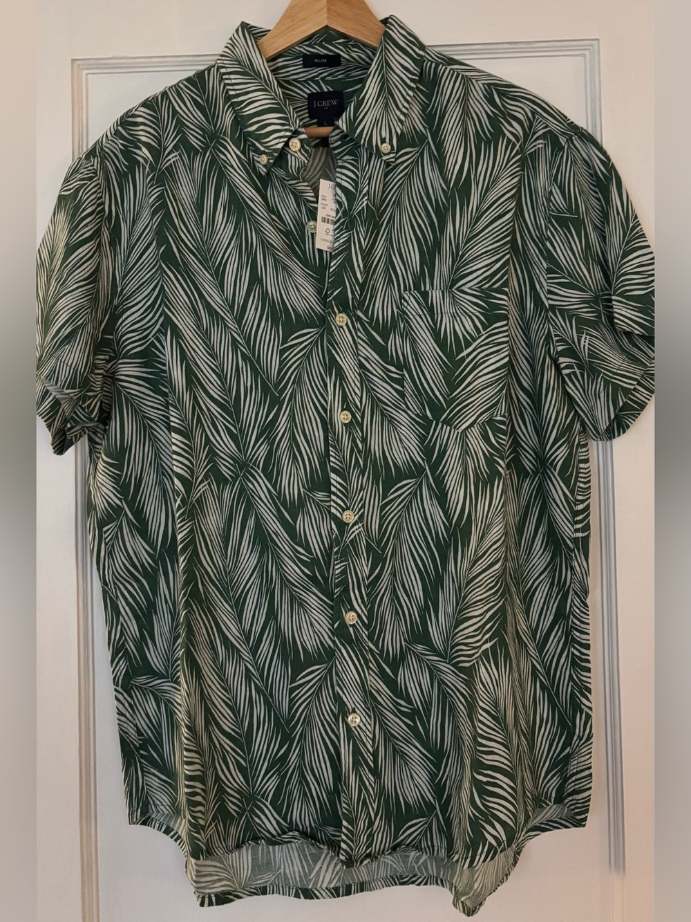 J. Crew Linen Blend Green and White Tropical Leaf Short-Sleeve Button-Down Shirt